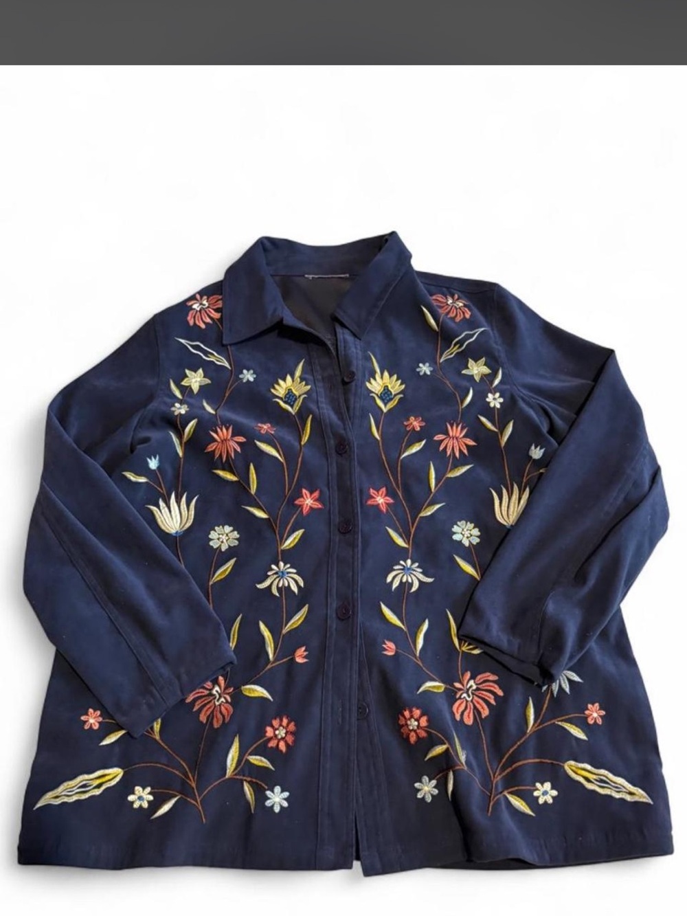 Embroidered Navy Floral Button-Front Jacket
